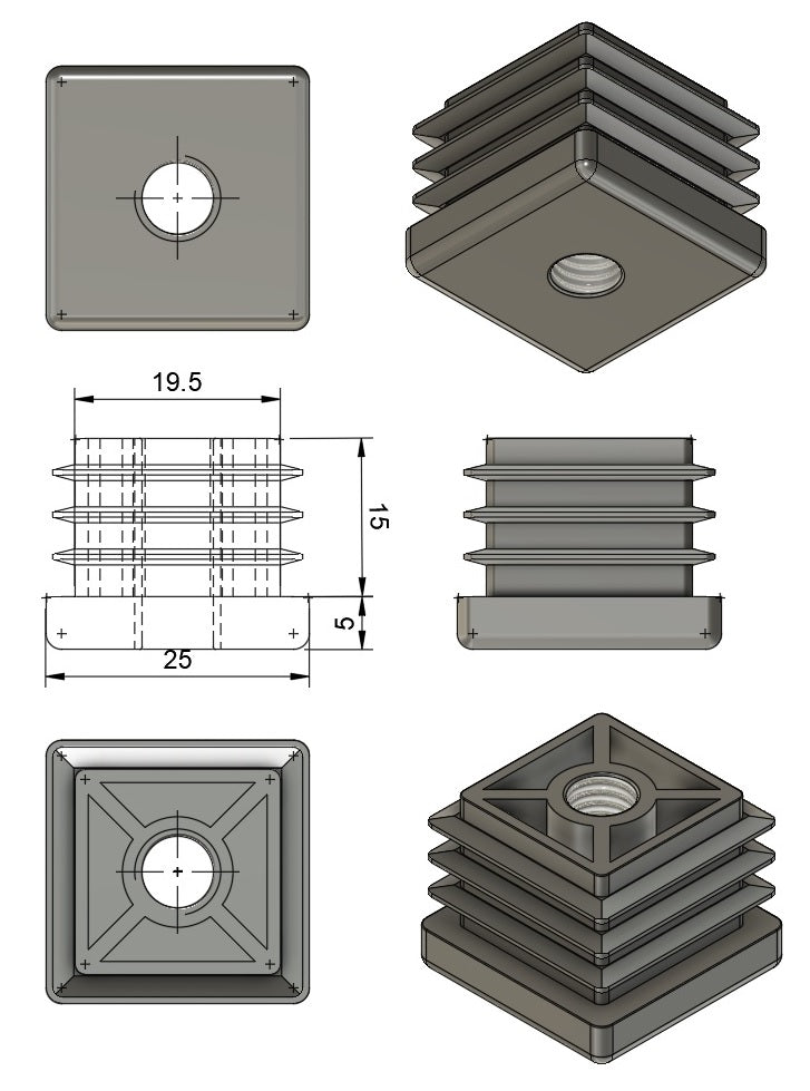 25x25mm M8 Threaded Tube Insert, 2.25mm Standard Rib