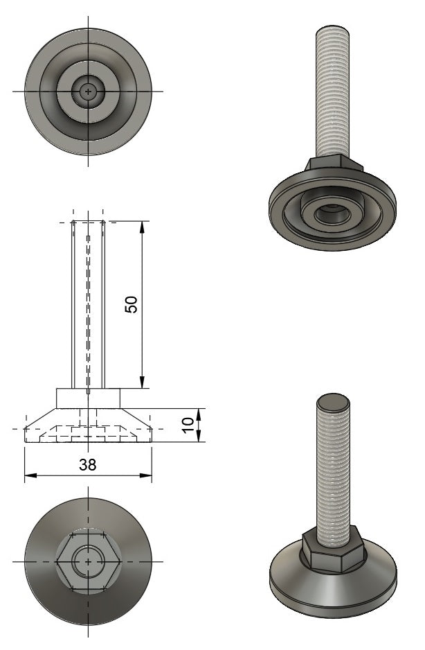 38mm Non Articulating Adjustable Foot M10 Thread