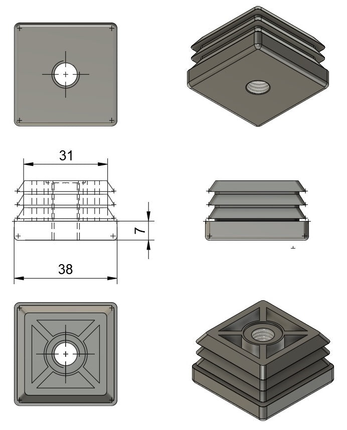 38x38mm M10 Insert, 2.5mm Standard Rib Tube Insert (Nylon)