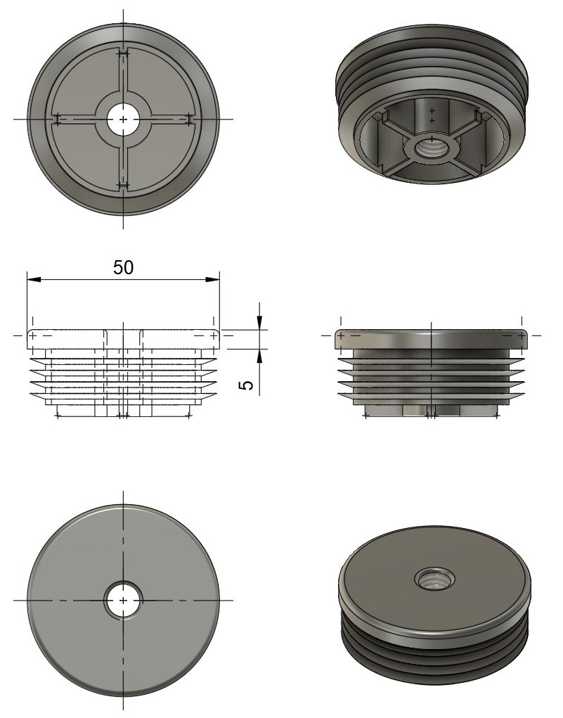 50mm Diameter M10 Threaded Tube Insert, 3mm Standard Rib (Nylon)