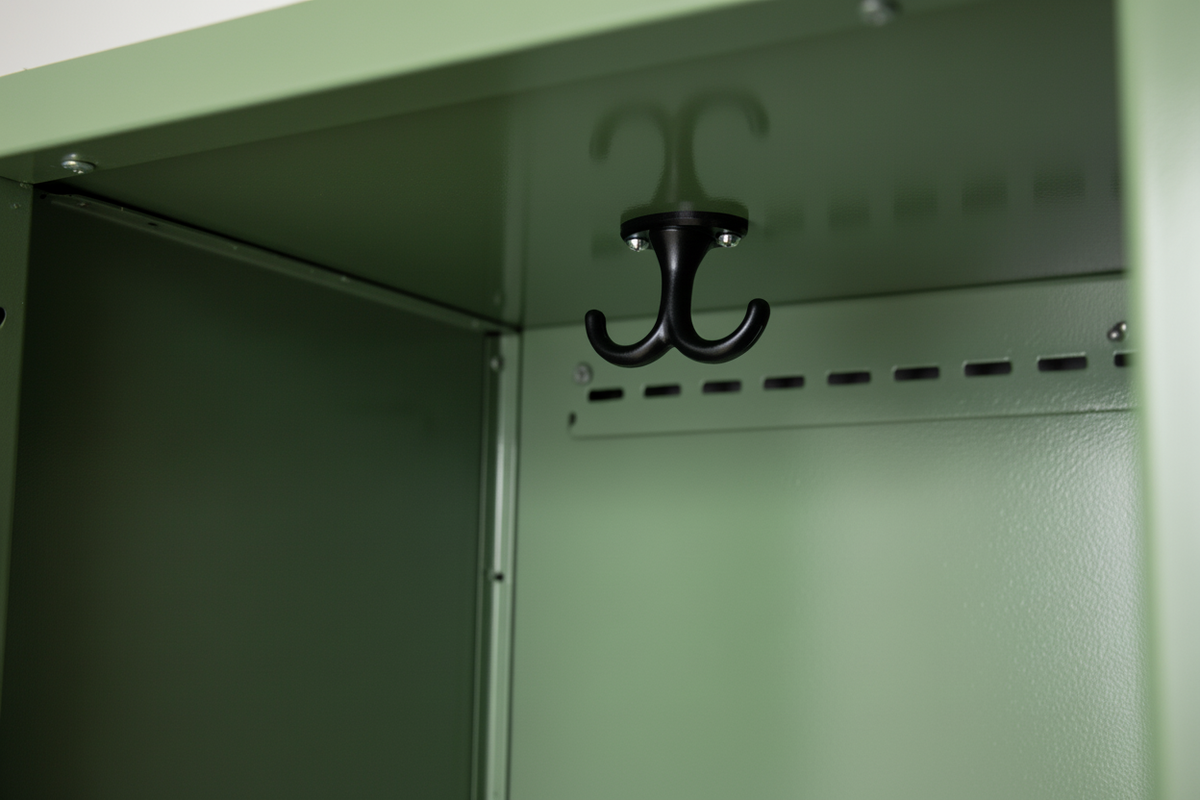 Black double hook on fern green locker ceiling