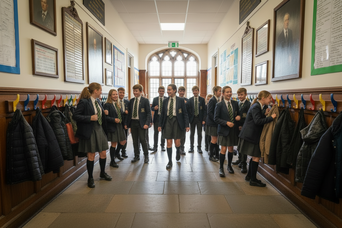 Bustling Public School Corridor