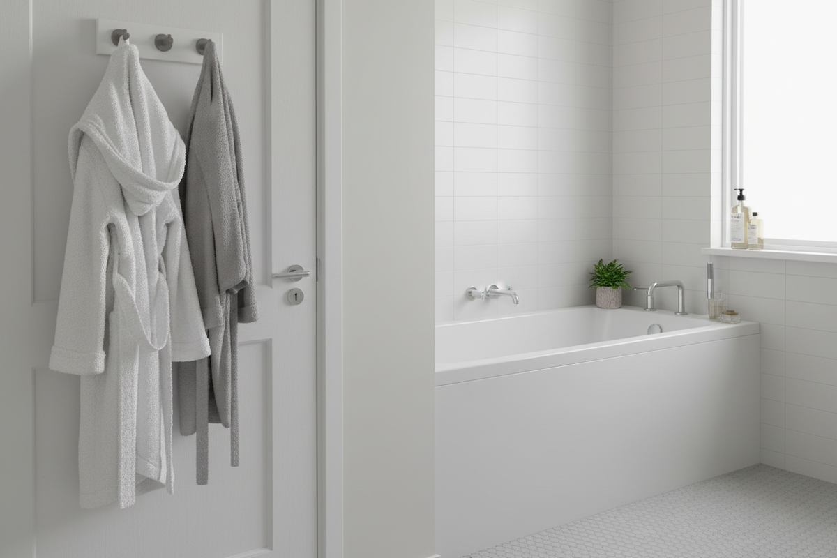 Hook rail centrally placed lower on bathroom door